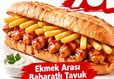 Patates kızartmalı salça soslu baharatlı tavuk sandviç
